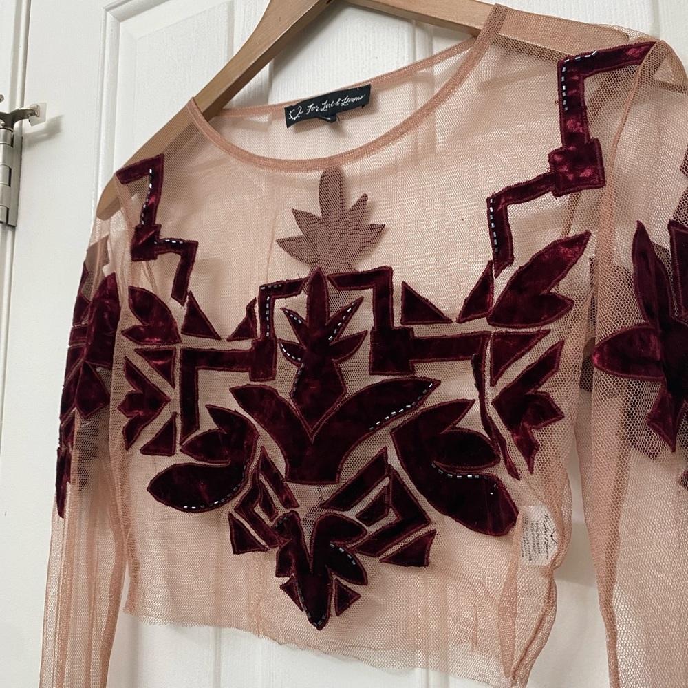 For Love and Lemons Vienna Maroon Velvet Beaded Mesh Long Sleeve Crop Top